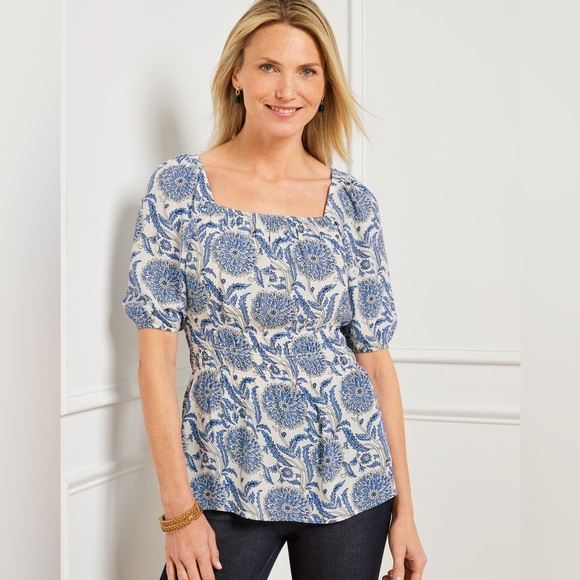 Talbots Womens Blue and White Floral Coastal Beach Puff Sleeve Smocked Sz XL - Picture 1 of 12